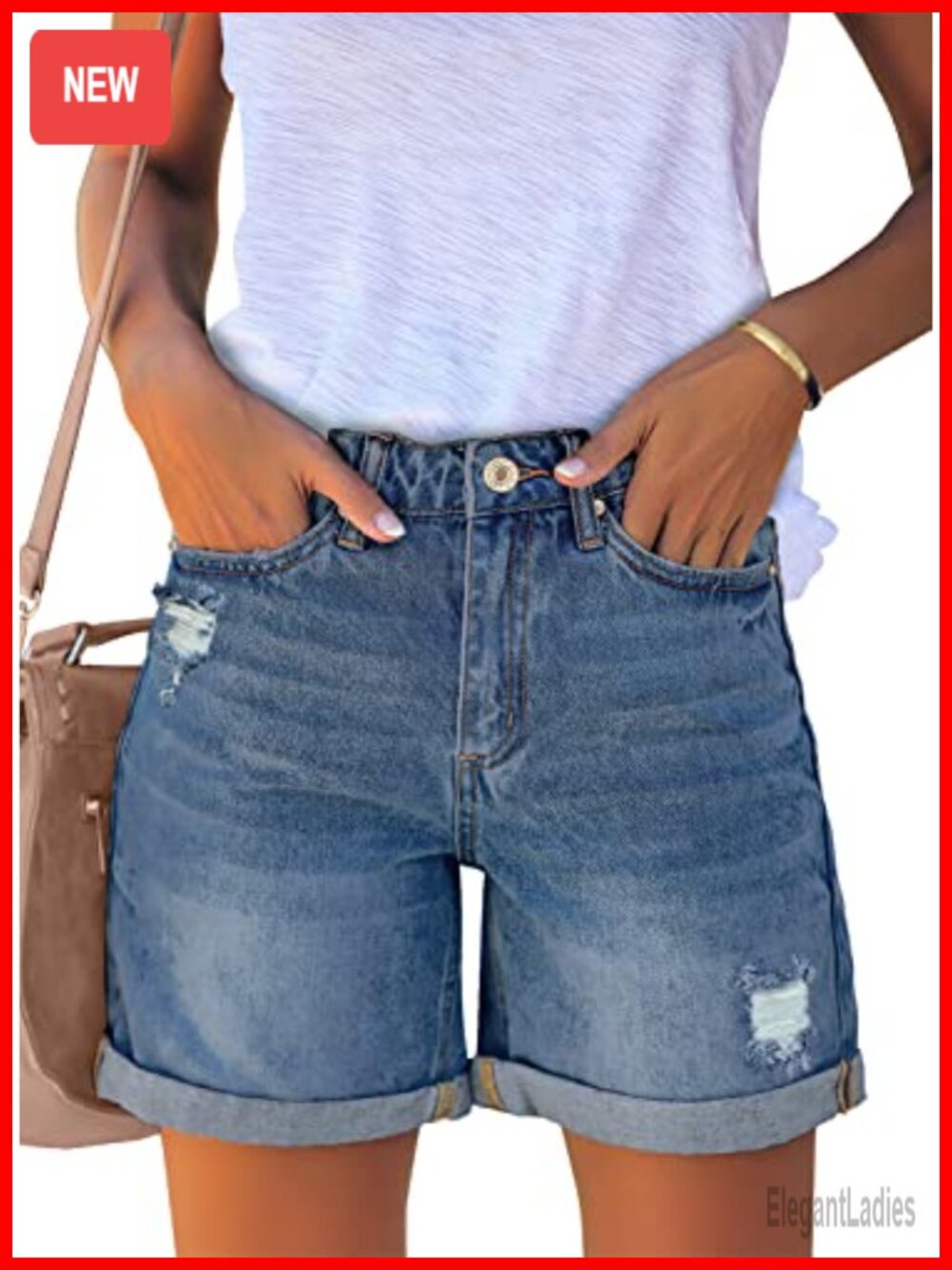 High Waisted Ripped Denim Shorts for Women Five Pockets Rolled Hem Casual Summer